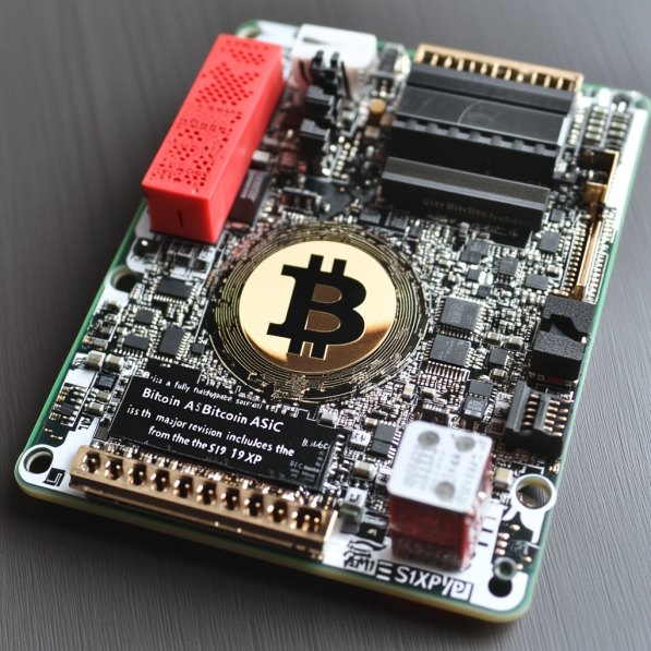 Płytka PCB z chipami i logiem Bitcoin