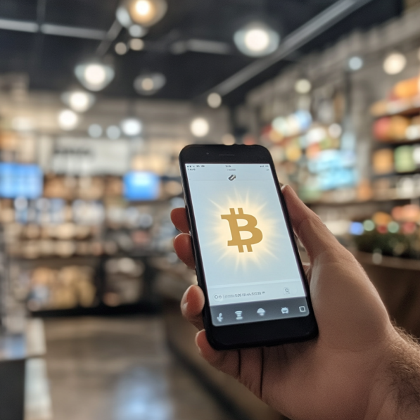 fast bitcoin payment lightning in shop, customer with smartphone app